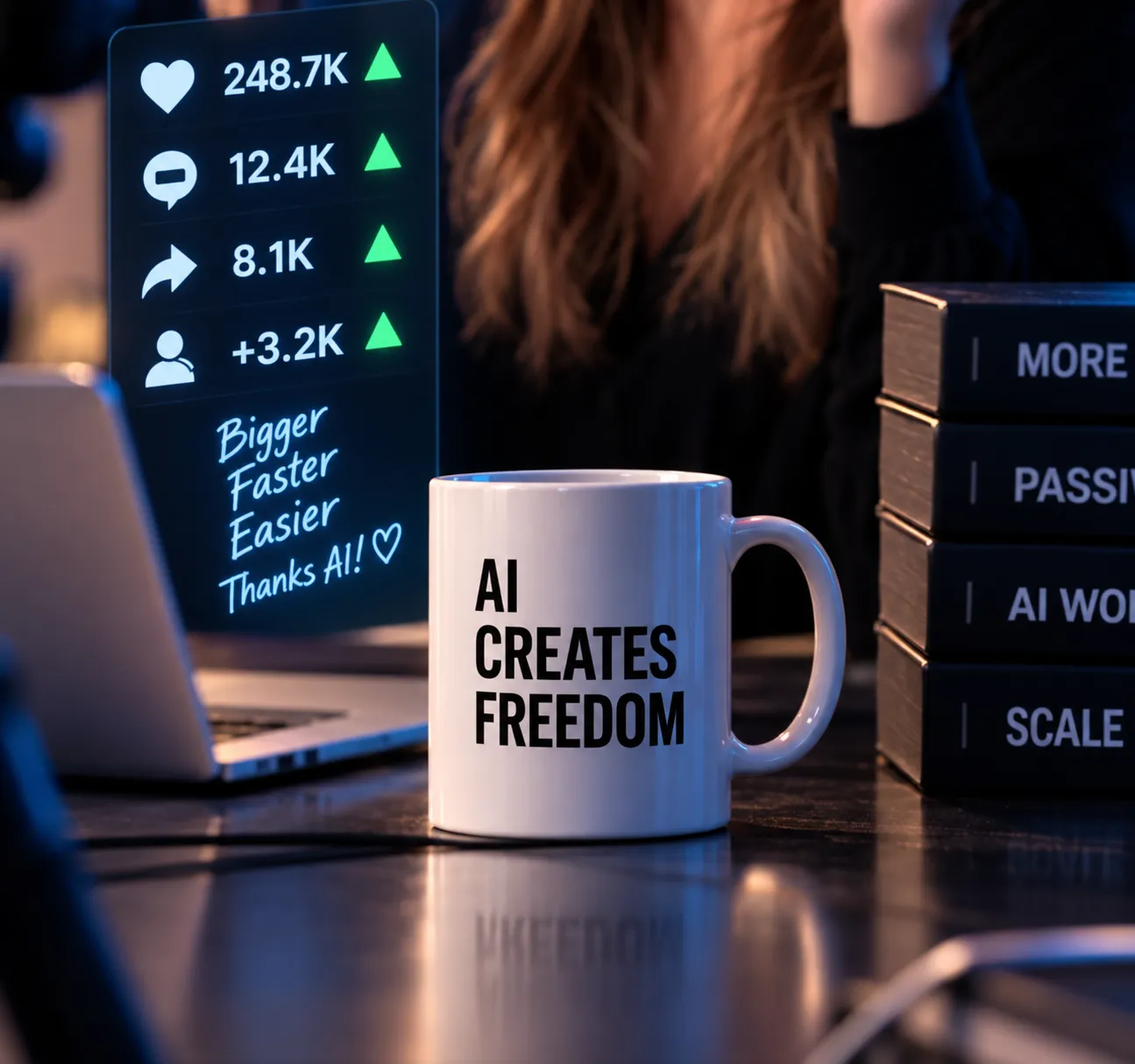 A close-up of the desk from the title image — the floating stats panel, the handwritten note reading Bigger Faster Easier Thanks AI, the mug that says AI creates freedom, and the stack of books behind it.