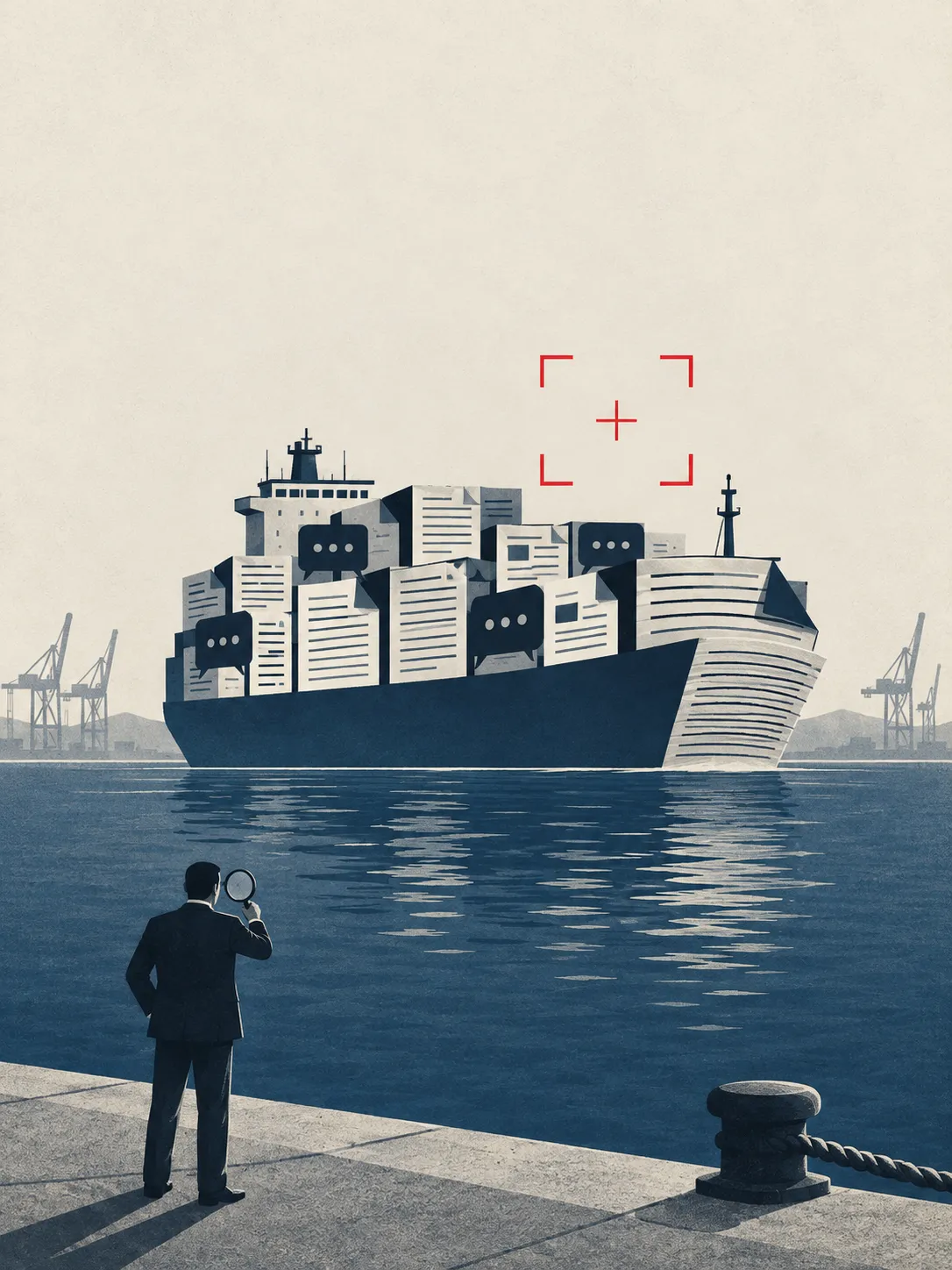 A container ship in a harbour, its cargo made of stacked documents and speech bubbles, with a red targeting reticle hanging in the sky above it. A man on the quay studies it through a magnifying glass.