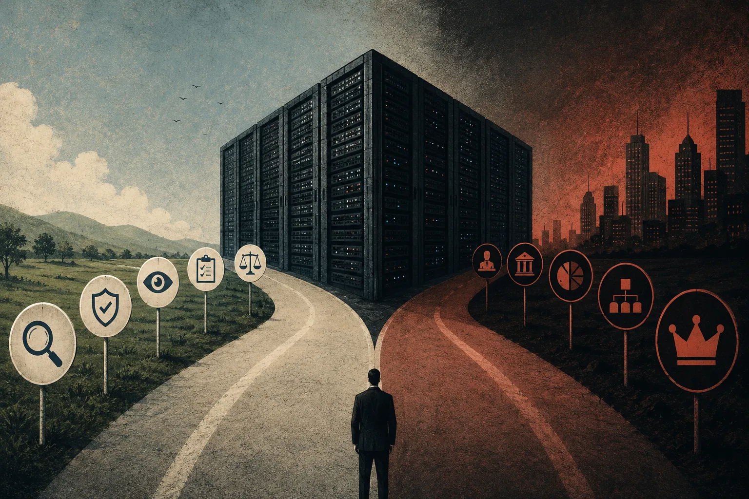 A lone figure in a suit stands at a fork in the road before a vast data centre. To the left, a green, sunlit path lined with governance icons — a magnifier, a shield, an eye, a checklist, a set of scales. To the right, a red, dystopian path toward a burning-orange city skyline lined with icons of concentrated power — a lone leader, an institution, a pie chart, an org chart, a crown.