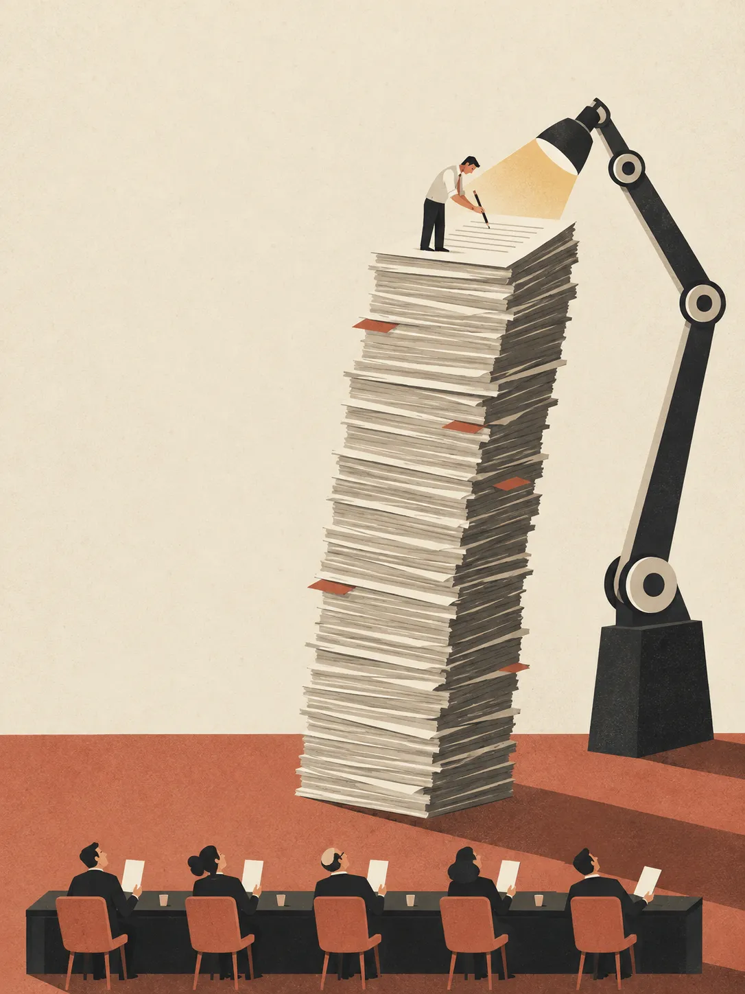 A man stands on top of a towering, leaning stack of paper, writing on the top sheet under a huge angled lamp, while a row of five board members sit at a long table far below and look up at him.