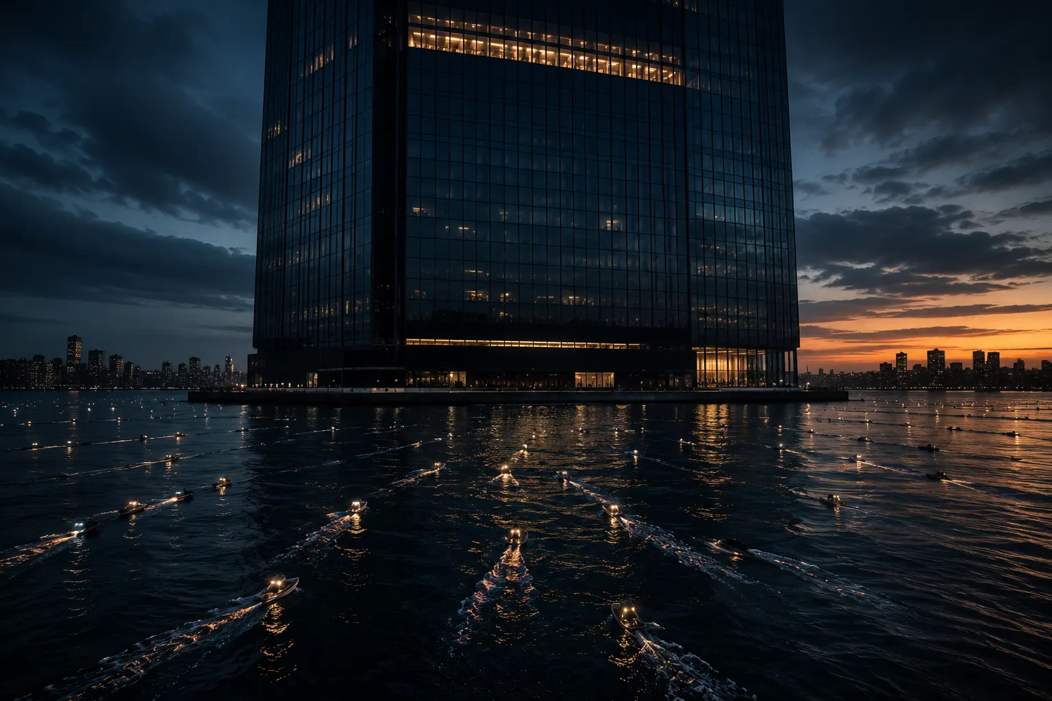 A vast corporate glass tower rising straight out of dark water at dusk, ringed by dozens of small fast boats carving glowing wakes toward it from every direction — the incumbent not facing one visible shark, but surrounded by piranhas.