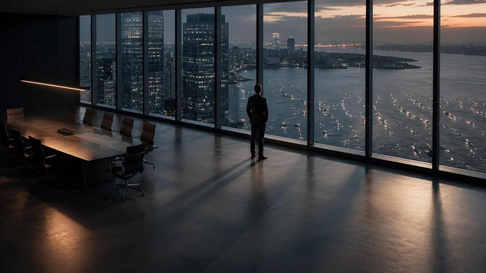 A lone executive stands in a dark, empty boardroom at dusk, hands behind his back, looking out floor-to-ceiling windows over a glittering city and harbour — the view from inside a large incumbent.