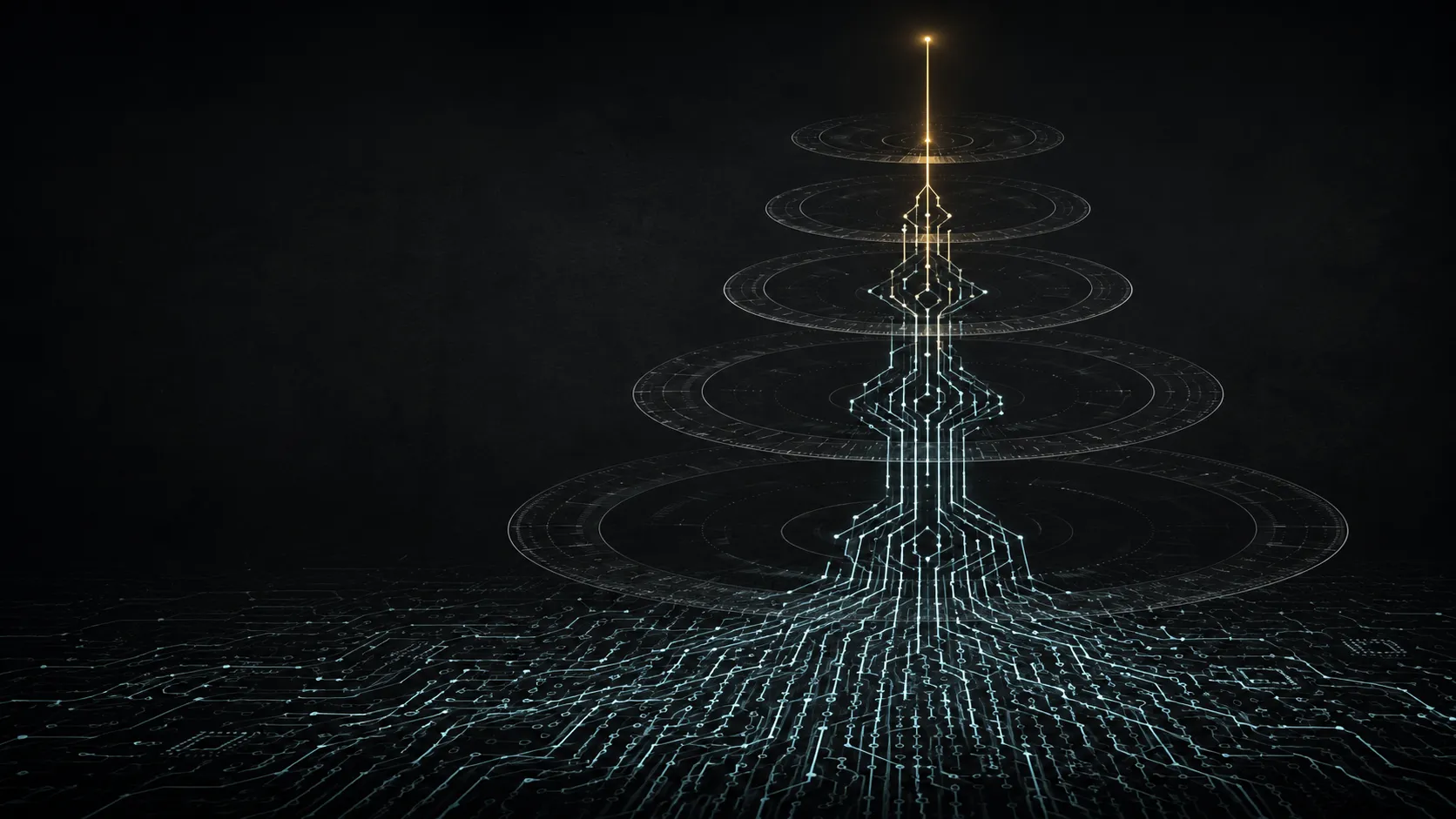 A trust spire — five concentric layers of circuitry rising out of a dense printed-circuit floor, each ring feeding the one above it, resolving to a single bright thread reaching up into the dark.
