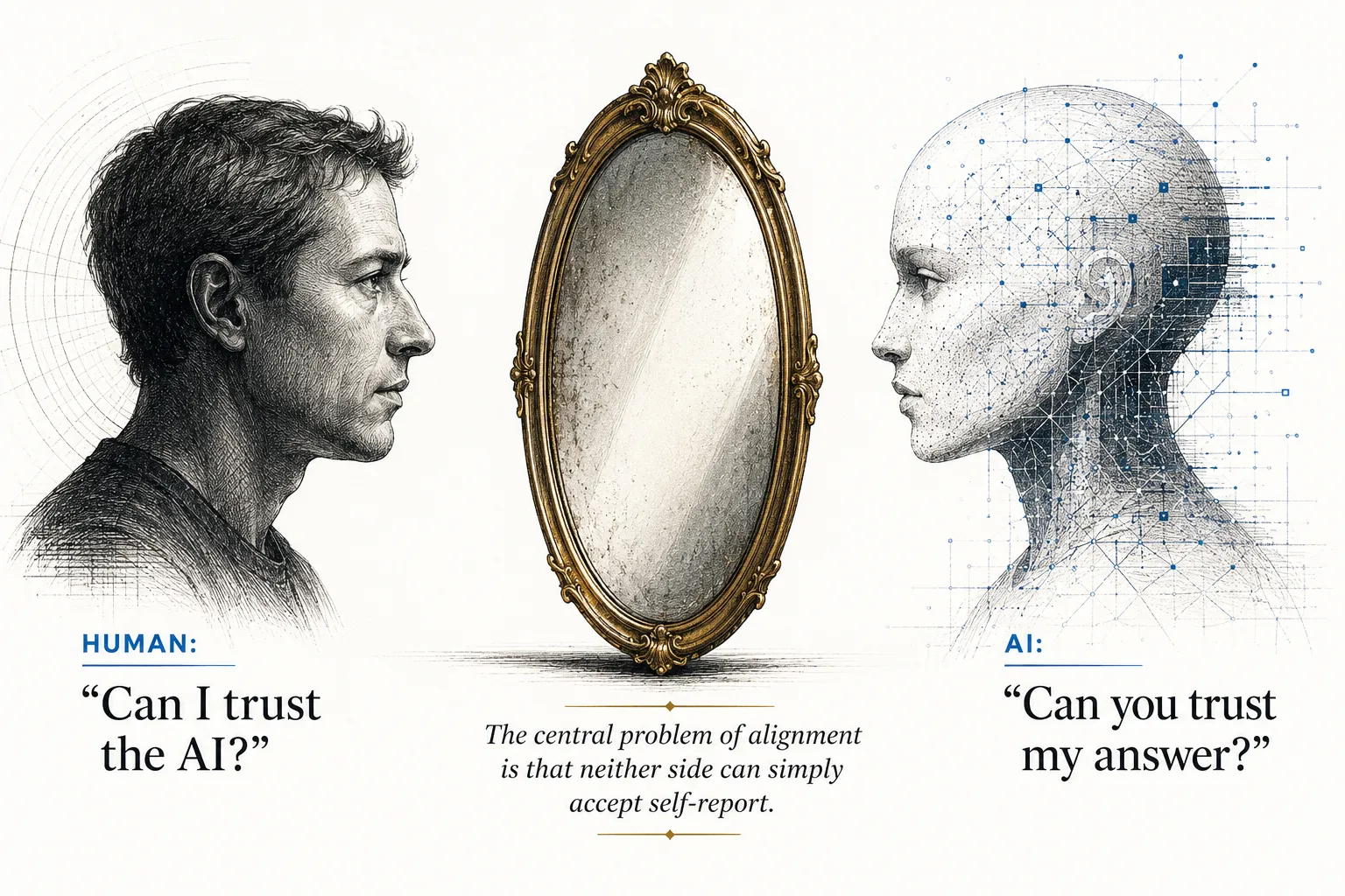 A pencil-drawn human face on the left and a data-inscribed AI face on the right, both in profile, facing a gilded oval mirror between them. Under the human — Can I trust the AI? Under the AI — Can you trust my answer? The caption reads, the central problem of alignment is that neither side can simply accept self-report.