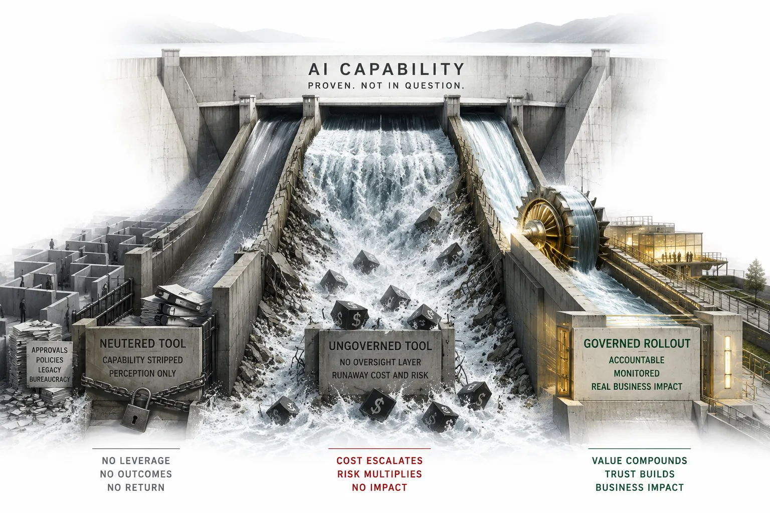 A dam labelled "AI Capability — proven, not in question," its water splitting three ways: a neutered tool trickling out through a bureaucratic maze of approvals and legacy (no leverage, no outcomes, no return); an ungoverned tool crashing down uncontrolled, washing dollar-blocks away (cost escalates, risk multiplies, no impact); and a governed rollout channelled cleanly through a turbine into a lit, staffed building (value compounds, trust builds, business impact).