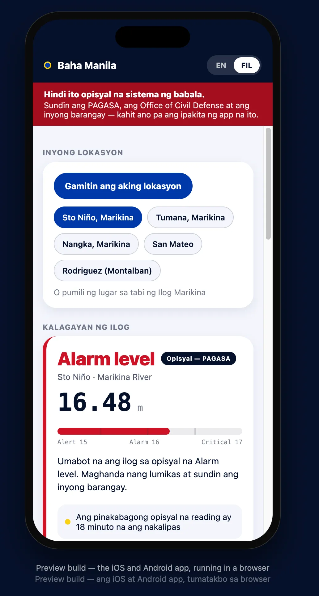 The same phone screen with FIL selected — "Hindi ito opisyal na sistema ng babala" in the red banner, "Inyong lokasyon" and "Kalagayan ng ilog" as section headings, and the river card reading Alarm level, Opisyal — PAGASA, 16.48 m.