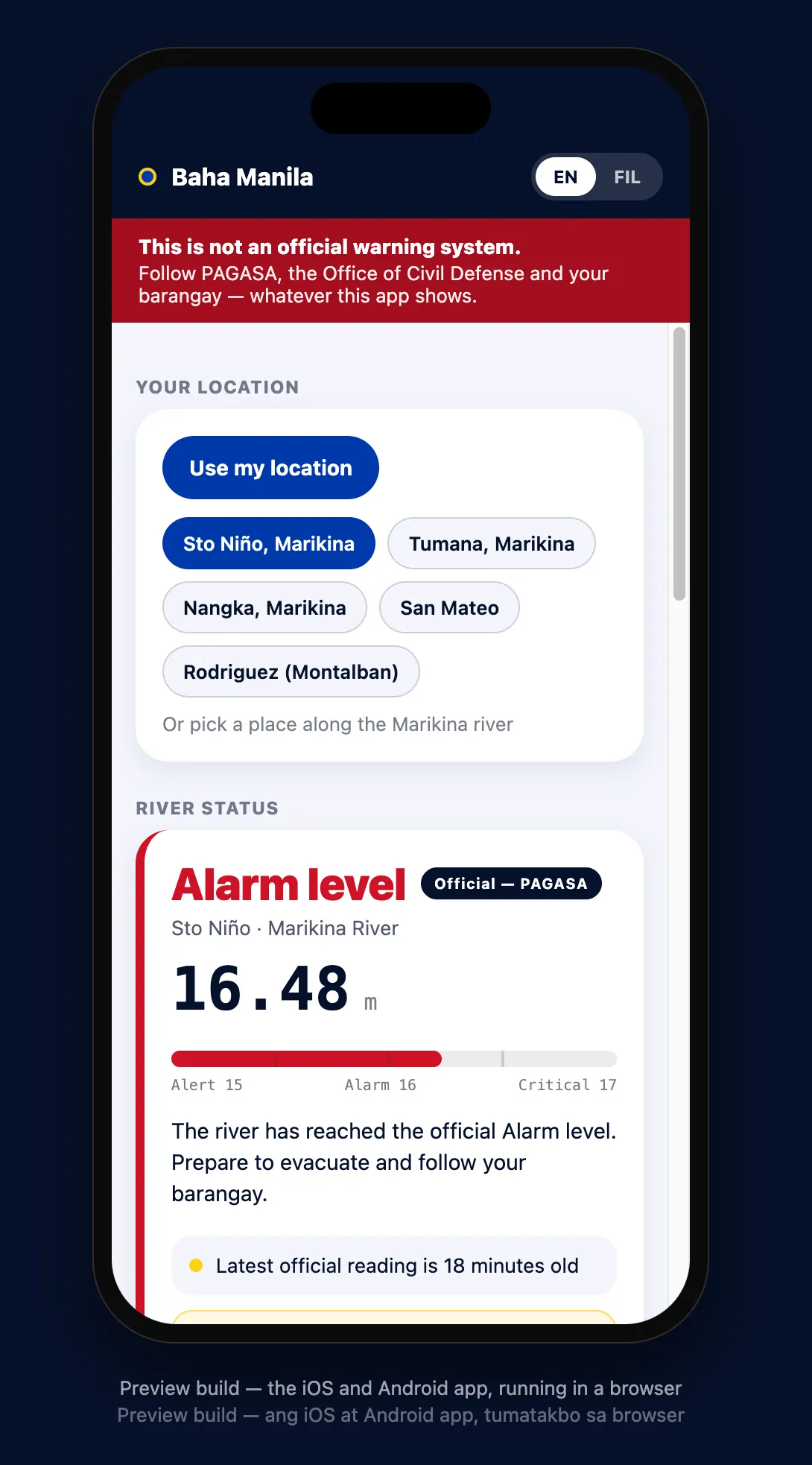 A phone showing the Baha Manila app. A red banner at the top reads "This is not an official warning system — follow PAGASA, the Office of Civil Defense and your barangay". Below it, a location picker with Sto Niño, Tumana, Nangka, San Mateo and Rodriguez, then a river status card reading "Alarm level", tagged Official — PAGASA, showing 16.48 m against Alert 15, Alarm 16 and Critical 17 markers, the instruction to prepare to evacuate, and a note that the latest official reading is 18 minutes old.