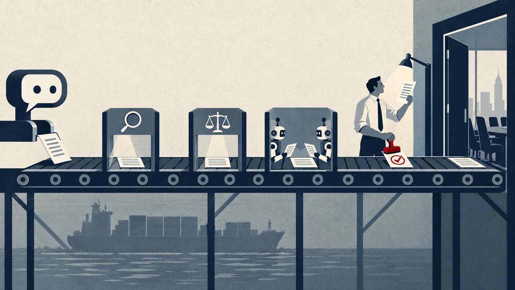 A factory conveyor belt carries a document from a chatbot through a series of stations: a magnifying glass, a set of scales, two small robots comparing notes, and finally a man in a shirt and tie who reads it under a lamp and stamps it before it passes through a door into a boardroom. Beneath the belt, a container ship sits in grey water.