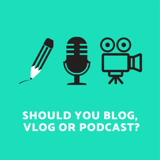 A flat illustration: a pencil, a microphone and a video camera above the words should you blog, vlog or podcast