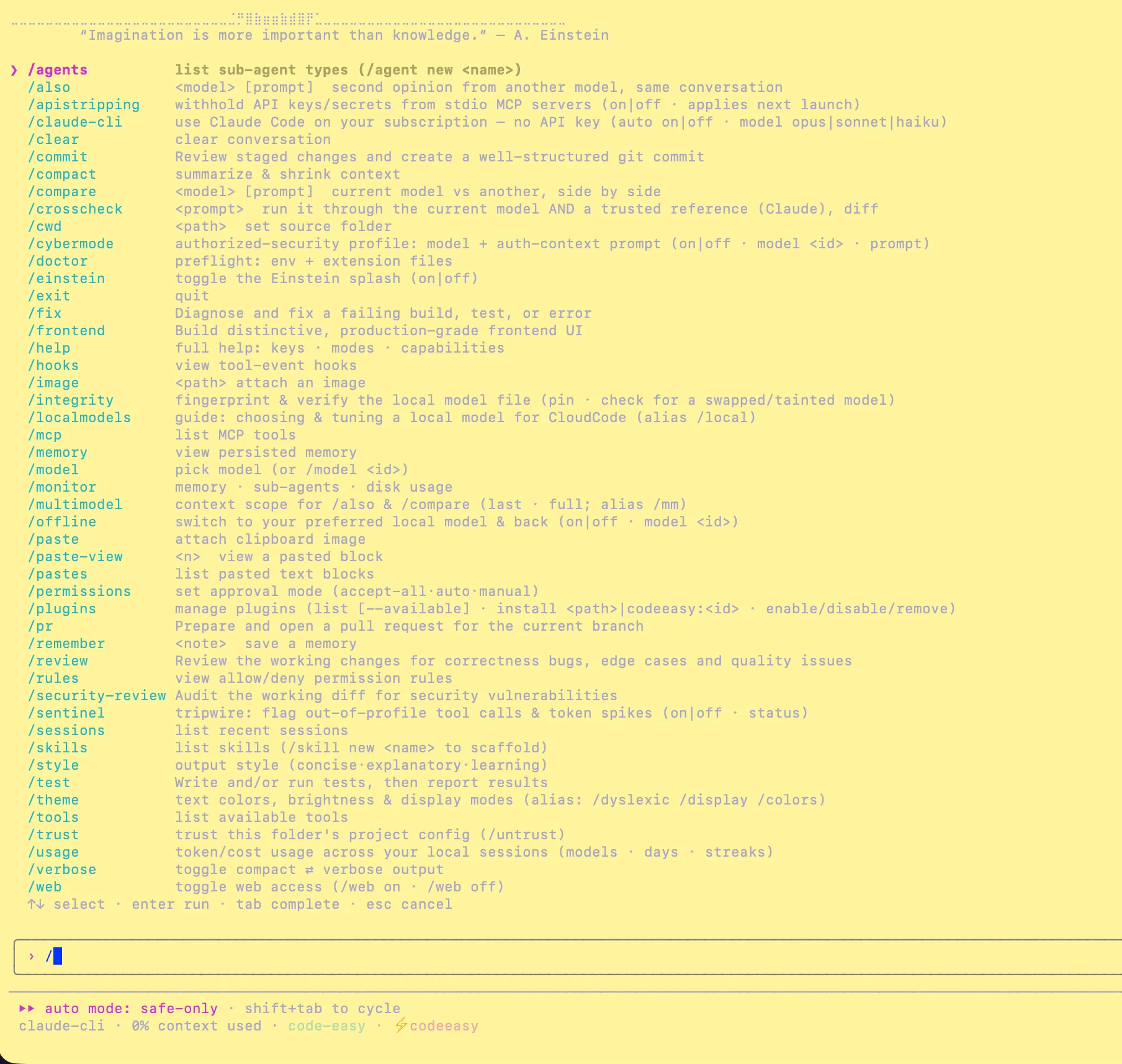 CloudCode's slash-command menu — commands including apistripping, integrity to fingerprint the local model, offline mode, sentinel tripwire, crosscheck against a trusted reference, and security-review — a coding agent built with governance in its bones.