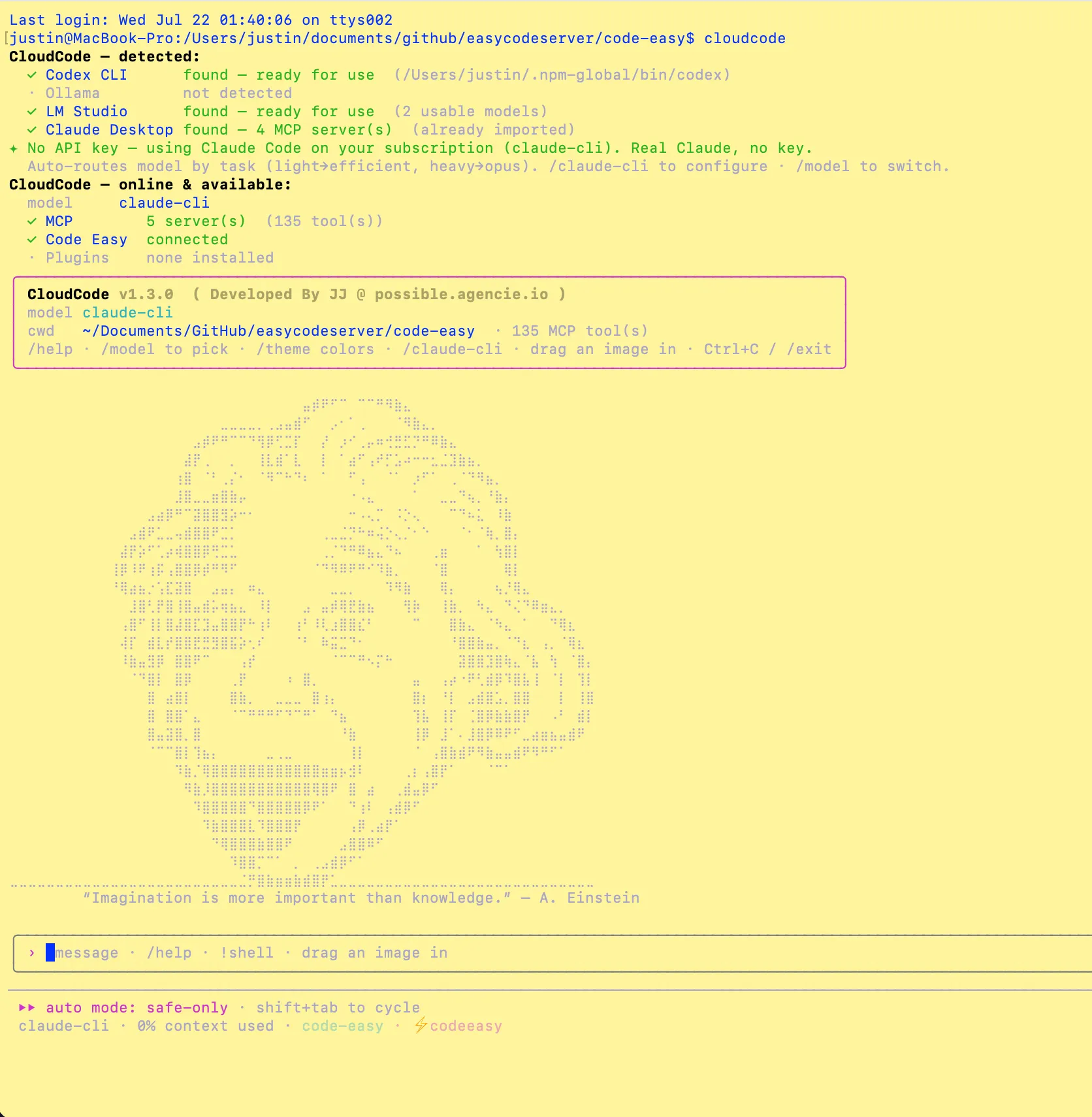 The CloudCode terminal on launch — detecting Codex CLI, LM Studio with local models, and Claude Desktop; reporting that it is auto-routing by task, light to efficient and heavy to Opus, with CodeEasy connected and 135 MCP tools available.