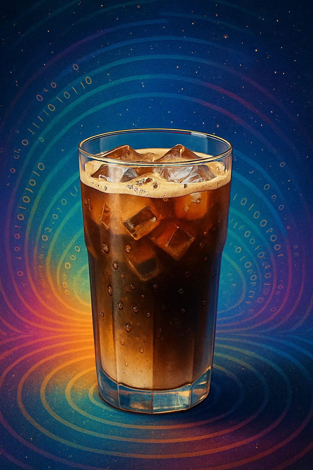 A tall glass of iced coffee, beaded with condensation, standing at the centre of concentric rainbow interference rings and drifting binary digits — the cosmic and the everyday, interfering beautifully.