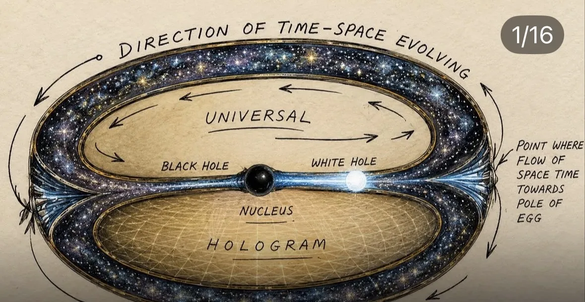 The origin artifact — a toroidal universe with a black-hole/white-hole nucleus, a holographic substrate labelled HOLOGRAM, and arrows marking the direction of time-space evolving around a closed loop.