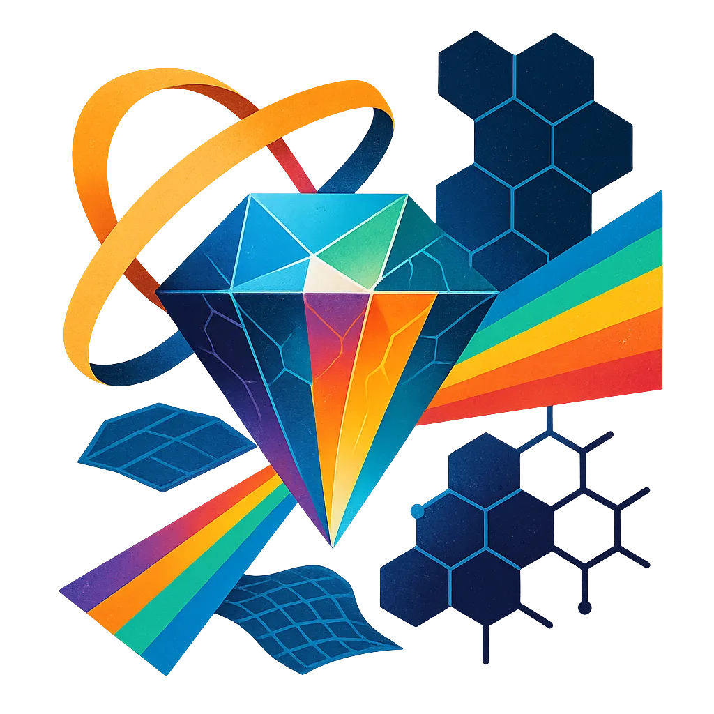 A prismatic cut diamond splitting light into a rainbow, orbited by a ring and surrounded by hexagonal lattices and 2D-material sheets — flaws in the crystal turned into computational resource.
