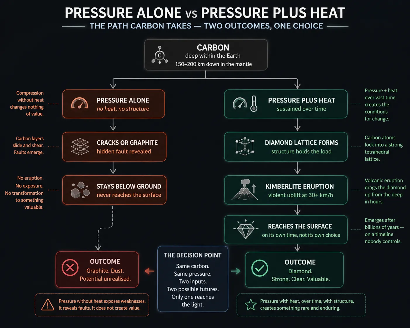 Pressure alone versus pressure plus heat — the two paths carbon can take. Same element, same load; one cracks into graphite and stays buried, the other locks into a lattice and eventually reaches the light.