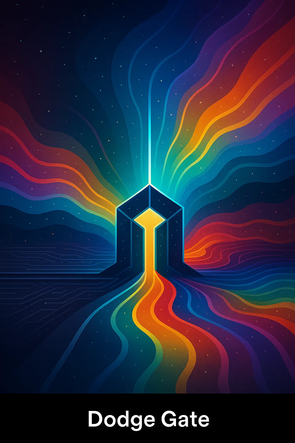 A luminous doorway standing on a circuit-board plain, with rainbow paths of light converging into it and radiating back out in every direction — a single decision point holding many possible routes at once. Captioned "Dodge Gate."
