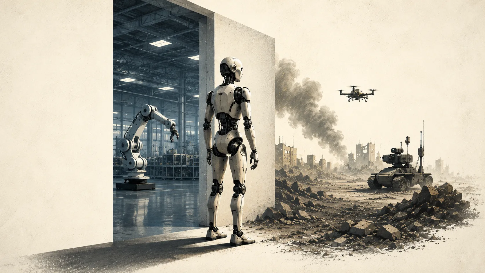 A single humanoid robot stands in a doorway. Through the doorway on the left is a clean, structured factory with an industrial arm; to the right, out in the open, a war-torn frontline — rubble, smoke, a military drone overhead, and a tracked armed robot in the distance.