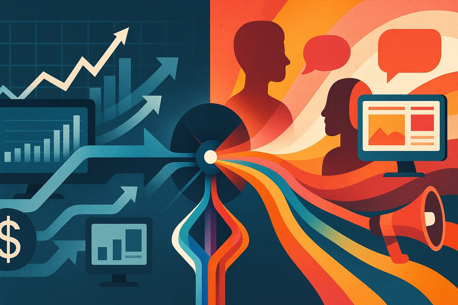 A split illustration. On the cool blue left, financial charts, rising arrows, a dollar sign and dashboards; on the warm right, human silhouettes, speech bubbles, a screen and a megaphone — the two domains meeting at a bright pivot in the centre.