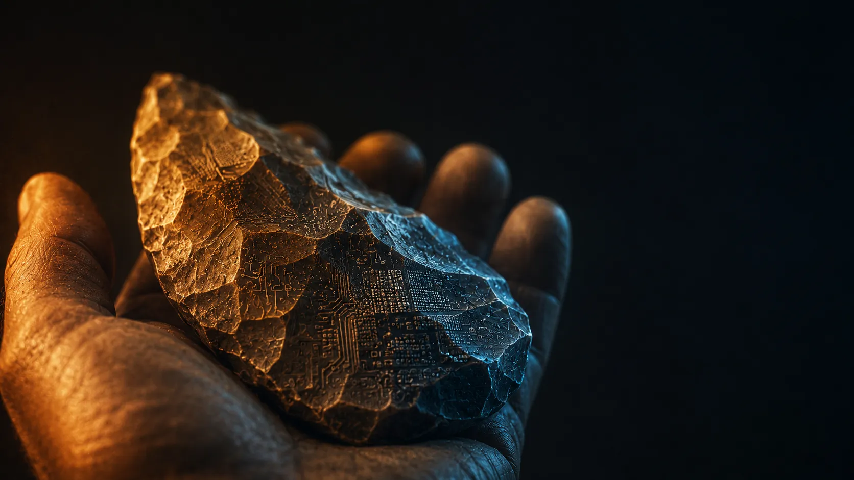 A knapped flint hand-axe — the crystallised memory of the gesture that shaped it, the first faculty we set down outside the body.