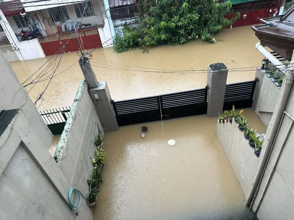 Looking down from an upper floor into a flooded yard and driveway. Brown water fills the whole enclosure and the street beyond, half-submerging the potted plants along the wall, a hose and a bin lid floating past the black gate.