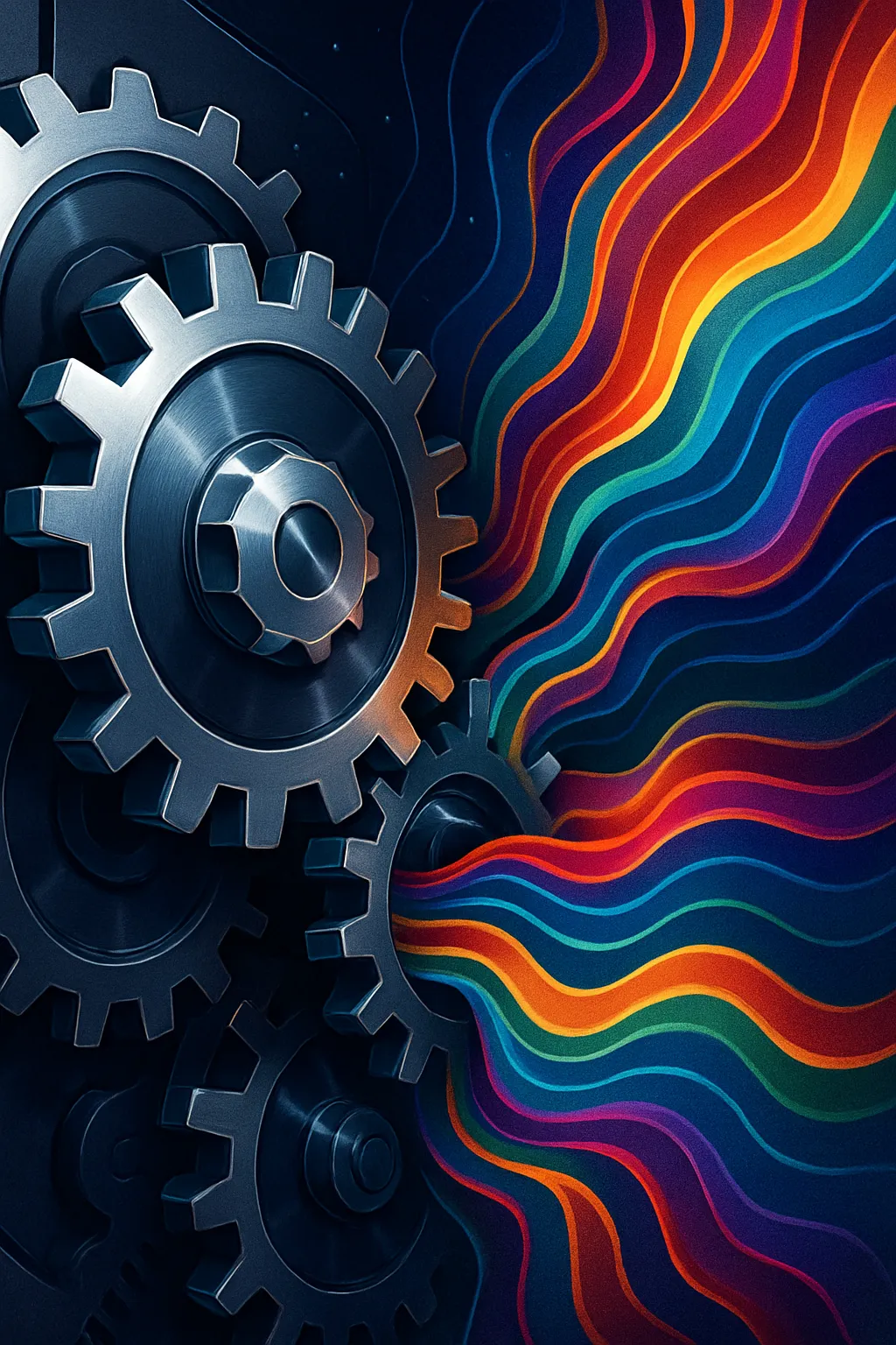 Interlocking steel gears on the left dissolving into a flowing river of rainbow-coloured waves on the right — rigid clockwork determinism giving way to fluid, colourful possibility.