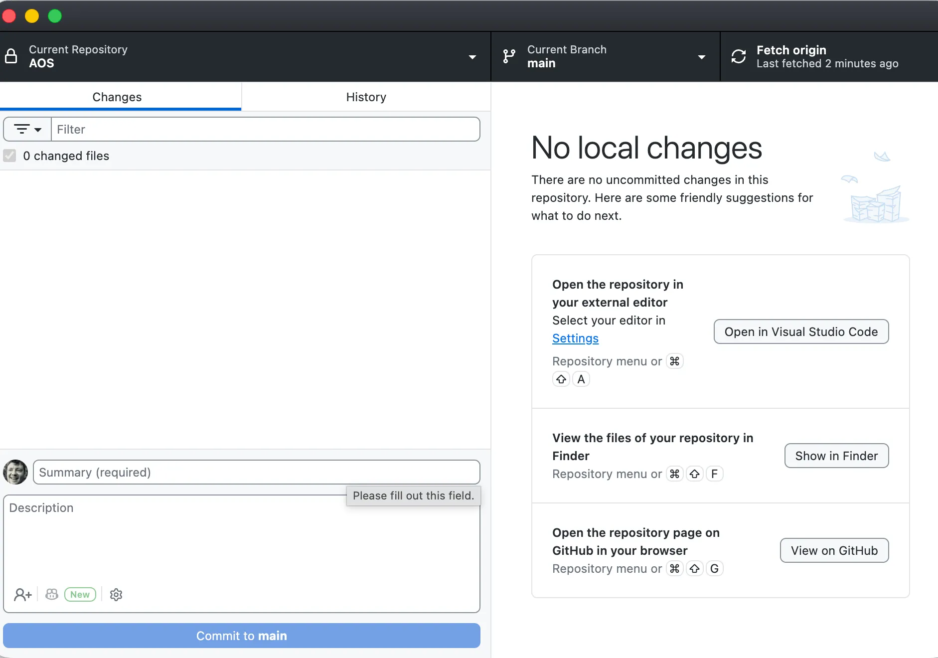 GitHub Desktop on the AOS repository — branch main, no local changes, an invitation to open in Visual Studio Code — the ordinary, auditable Git workflow the whole autonomous pipeline commits into.