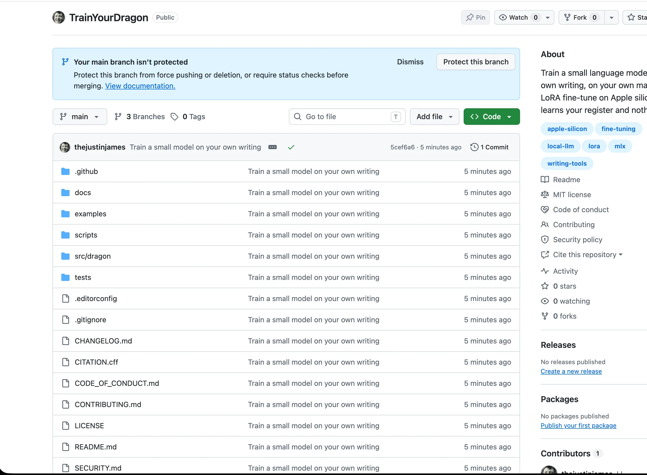The TrainYourDragon repository on GitHub, marked public, with folders for .github, docs, examples, scripts, src/dragon and tests, and files including a changelog, citation, code of conduct, contributing guide, MIT licence, README and security policy. The About panel reads: train a small language model on your own writing, on your own machine, with the tags apple-silicon, fine-tuning, local-llm, lora, mlx and writing-tools.