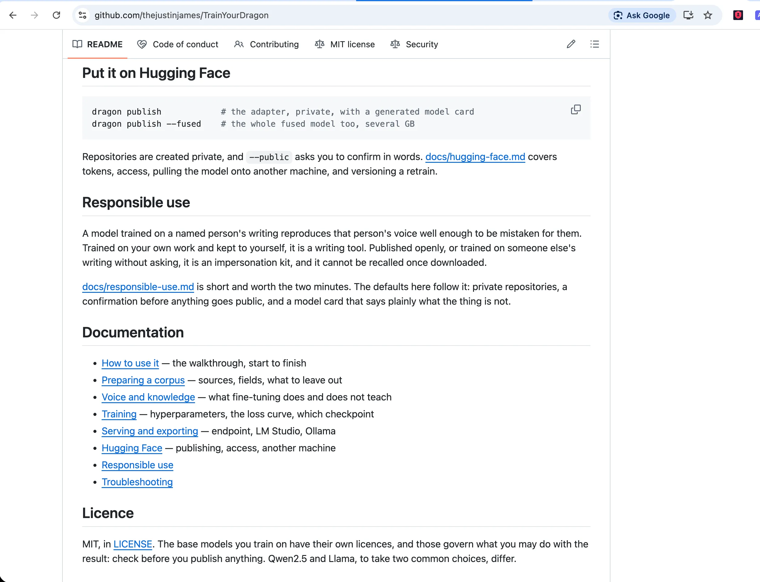The README's lower half: Put it on Hugging Face, with dragon publish and dragon publish --fused; a Responsible use section explaining that a model of a named person's voice is a writing tool kept to yourself and an impersonation kit published openly; the documentation list; and the MIT licence note that the base model's own licence governs what you may do with the result.