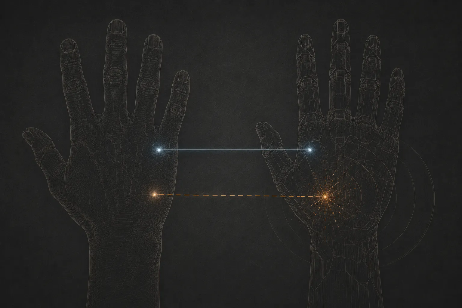 The rubber hand illusion — a real hand and a wireframe hand side by side, joined by a synchronised blue pulse of touch; when the timing holds, the brain adopts the fake hand as its own.