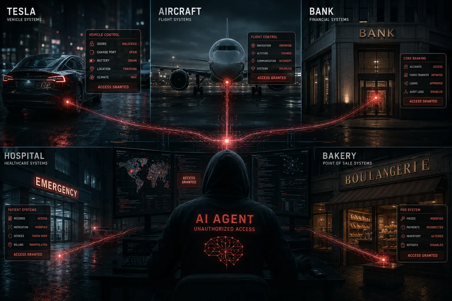 One rogue AI agent, hooded at a bank of monitors, wired into five live systems at once — a Tesla, an aircraft, a bank, a hospital and a bakery — every panel reading "ACCESS GRANTED". The perfect insider threat: nothing about it looks unauthorised from the outside.