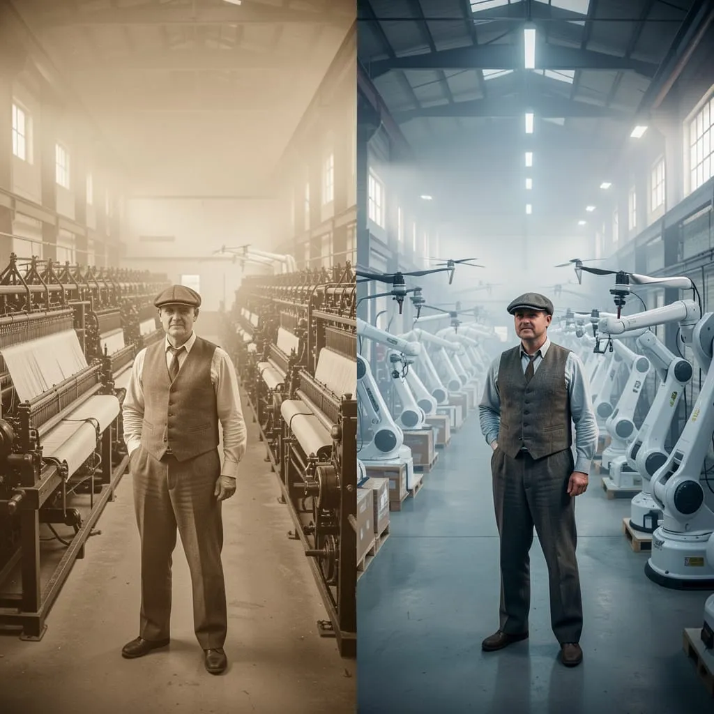 A man stands among rows of powered looms inside an early-twentieth-century cotton mill — not weaving, but supervising the machines that weave.