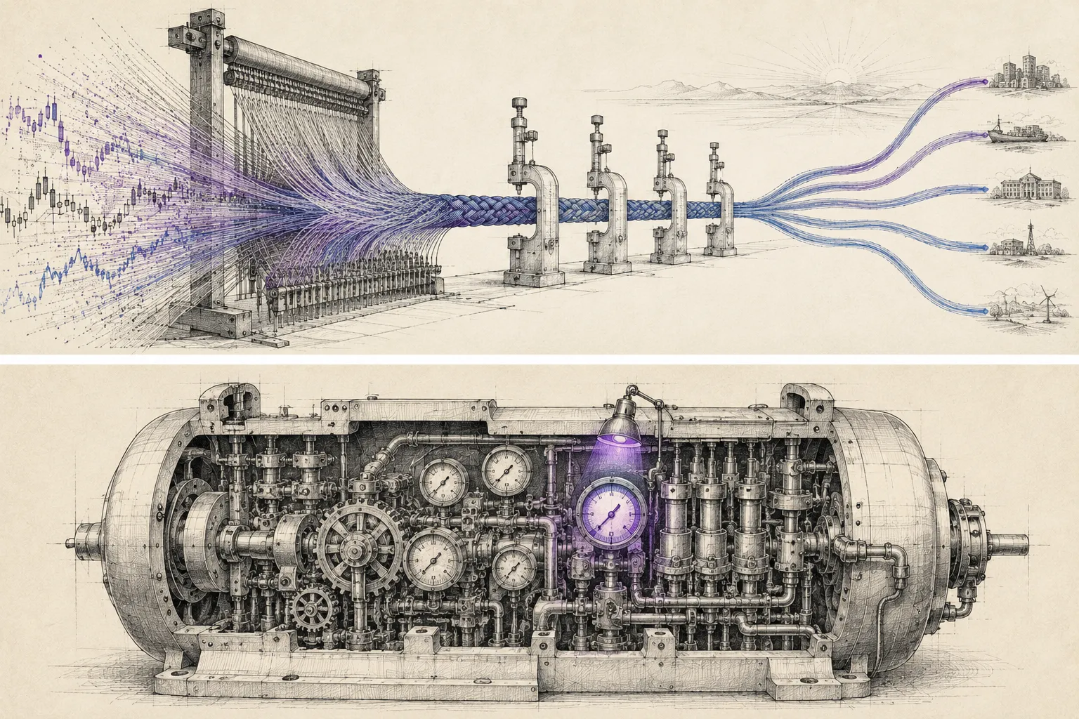 The signal fabric — many market threads woven into a single braided cable, passed through governance gates, and fanned back out to five destinations; below, a cutaway of the engine itself.