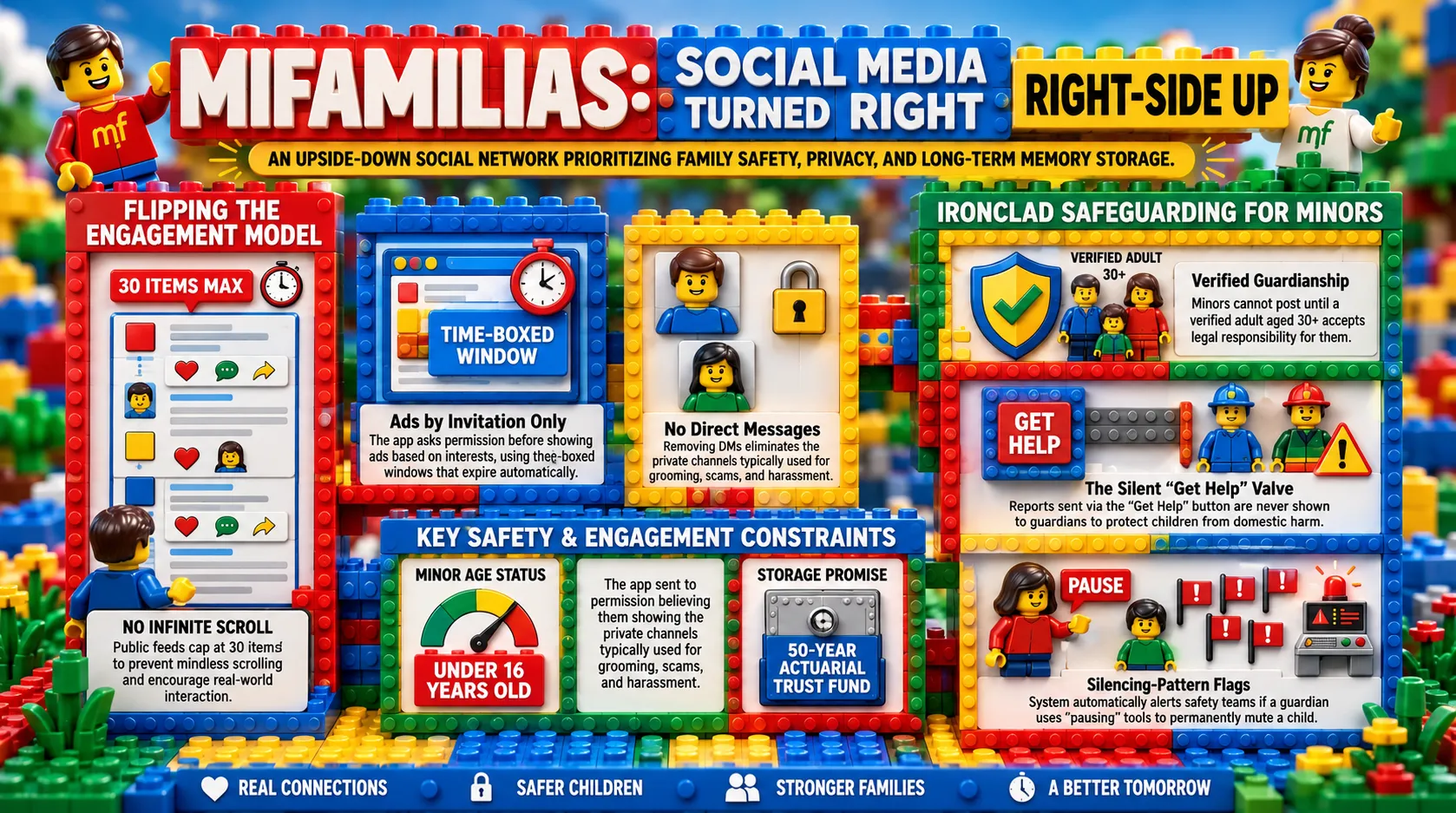 A brightly coloured toy-brick infographic titled MiFamilias — social media turned right-side up. Panels cover flipping the engagement model (public feeds capped at 30 items, no infinite scroll), ads by invitation only in time-boxed windows that expire automatically, no direct messages so the private channels used for grooming and scams simply do not exist, a 50-year actuarial trust fund for storage, and ironclad safeguarding for minors — verified guardianship by an adult who accepts legal responsibility, a silent Get Help route never shown to guardians, and automatic flags when a guardian uses pausing tools to permanently mute a child. A footer strip reads — real connections, safer children, stronger families, a better tomorrow.