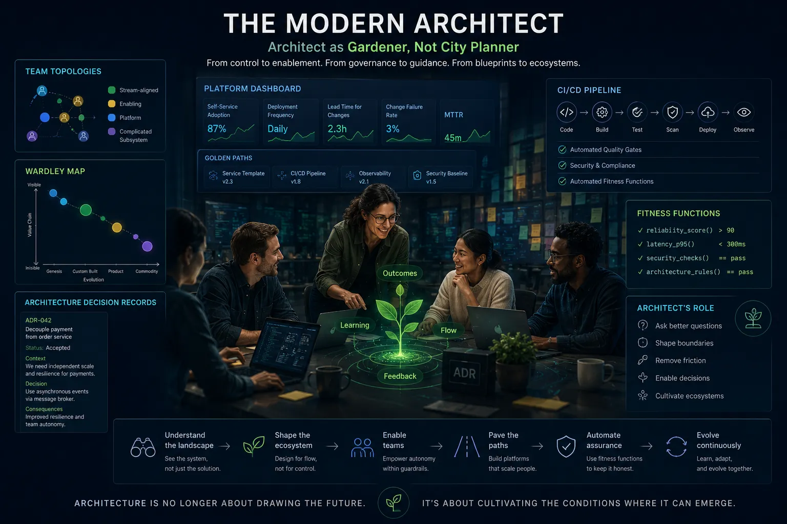 A modern archer, half silhouette and half schematic, drawing a bow made of light — the architect reimagined.