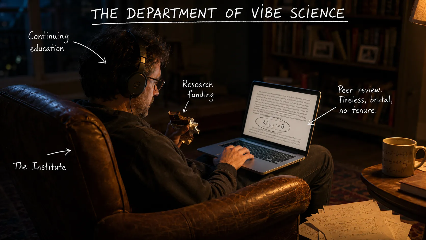 A person in a worn leather armchair at night, headphones on, laptop glowing with a circled equation reading delta Lambda subscript ent equals zero, a half-eaten chocolate bar in one hand, scribbled equations on the mug and scattered across the rug — annotated in chalk-style handwriting as The Department of Vibe Science.