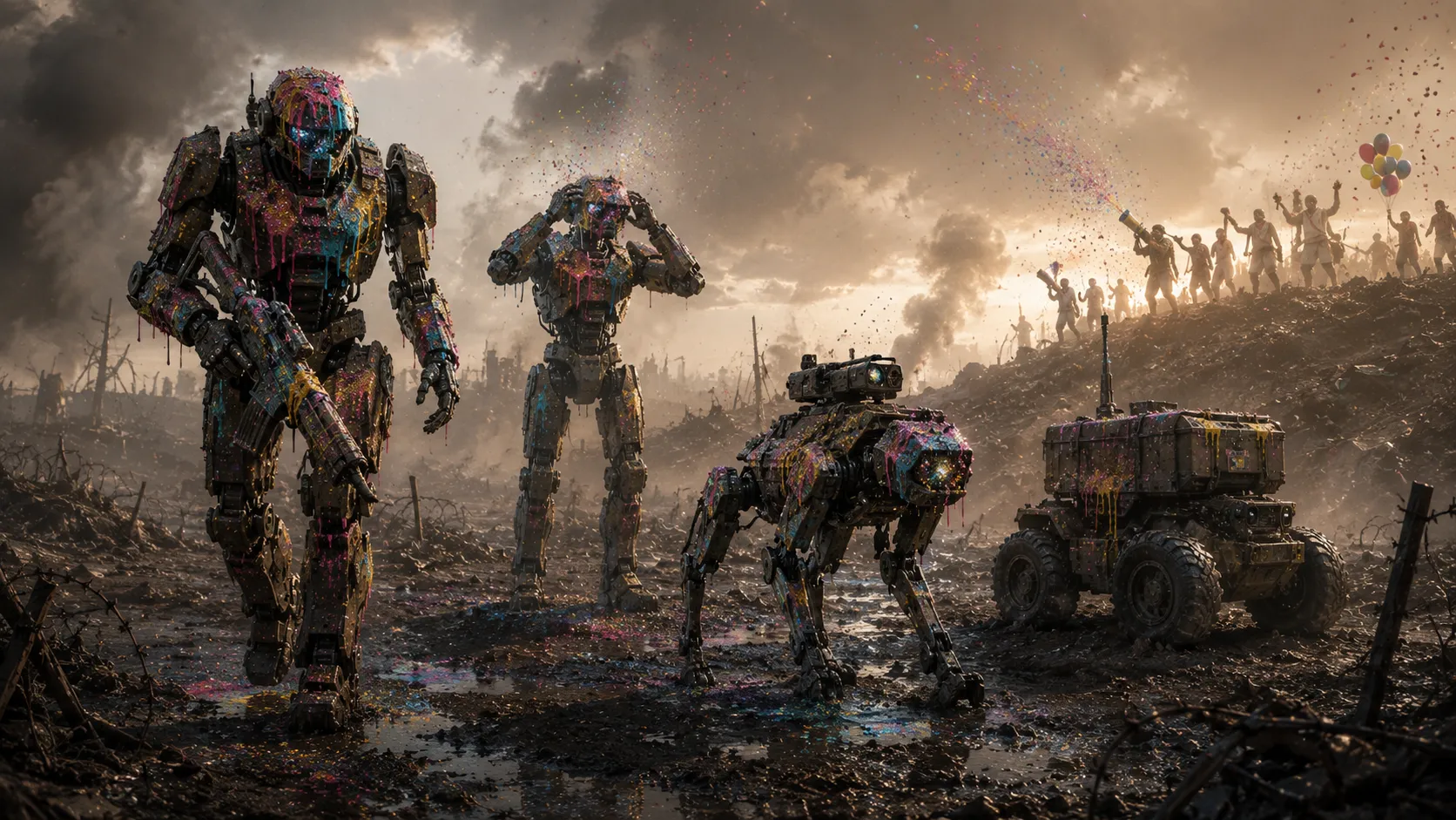 A battlefield of mud and barbed wire at dusk. Paint- and confetti-spattered military robots — a humanoid, a robot dog, a tracked vehicle — advance through the muck while, on the ridge behind them, a crowd celebrates with balloons and confetti cannons.