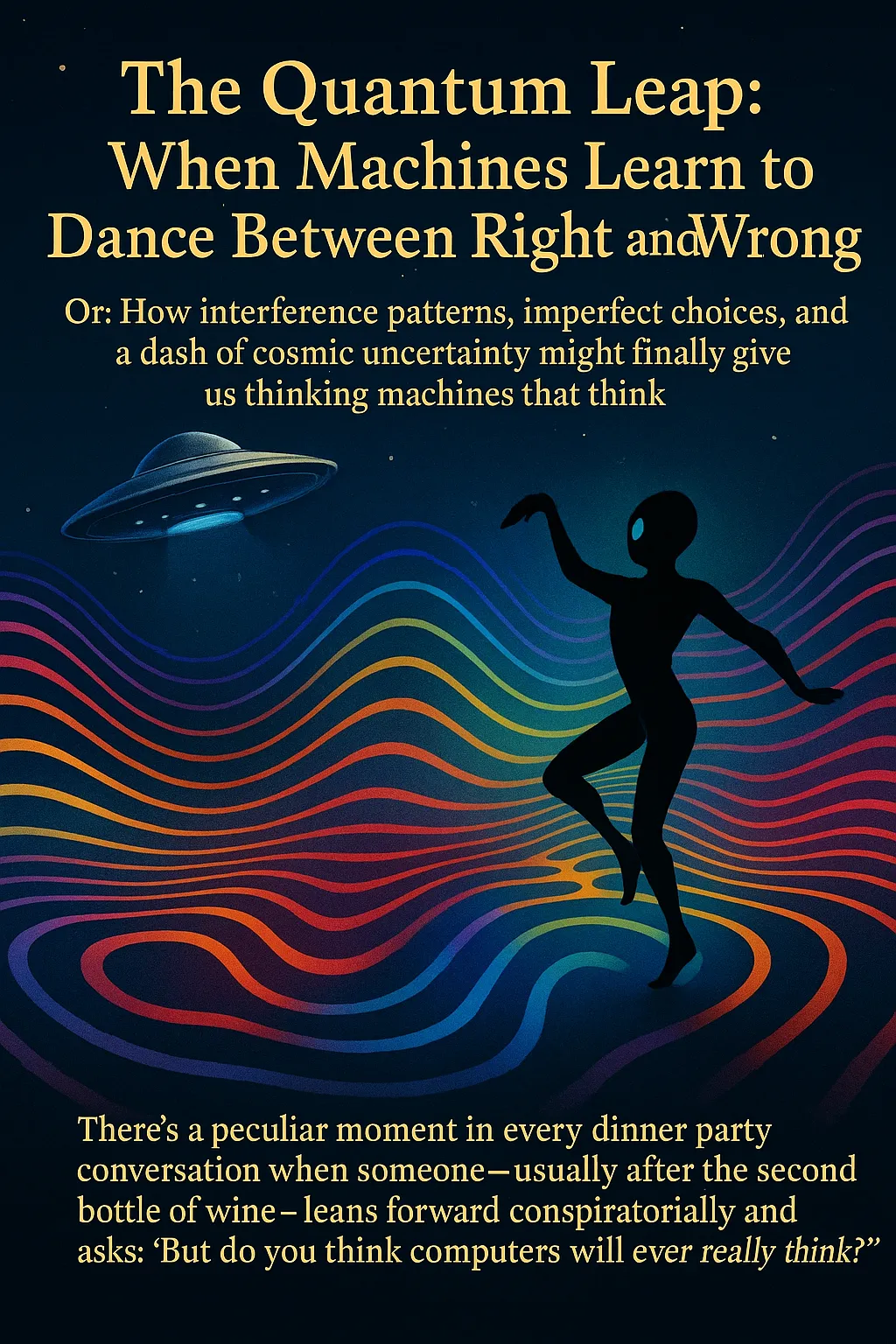 A poster titled "The Quantum Leap — When Machines Learn to Dance Between Right and Wrong," showing a silhouetted figure dancing amid rippling rainbow interference waves beneath a distant craft in a starfield.