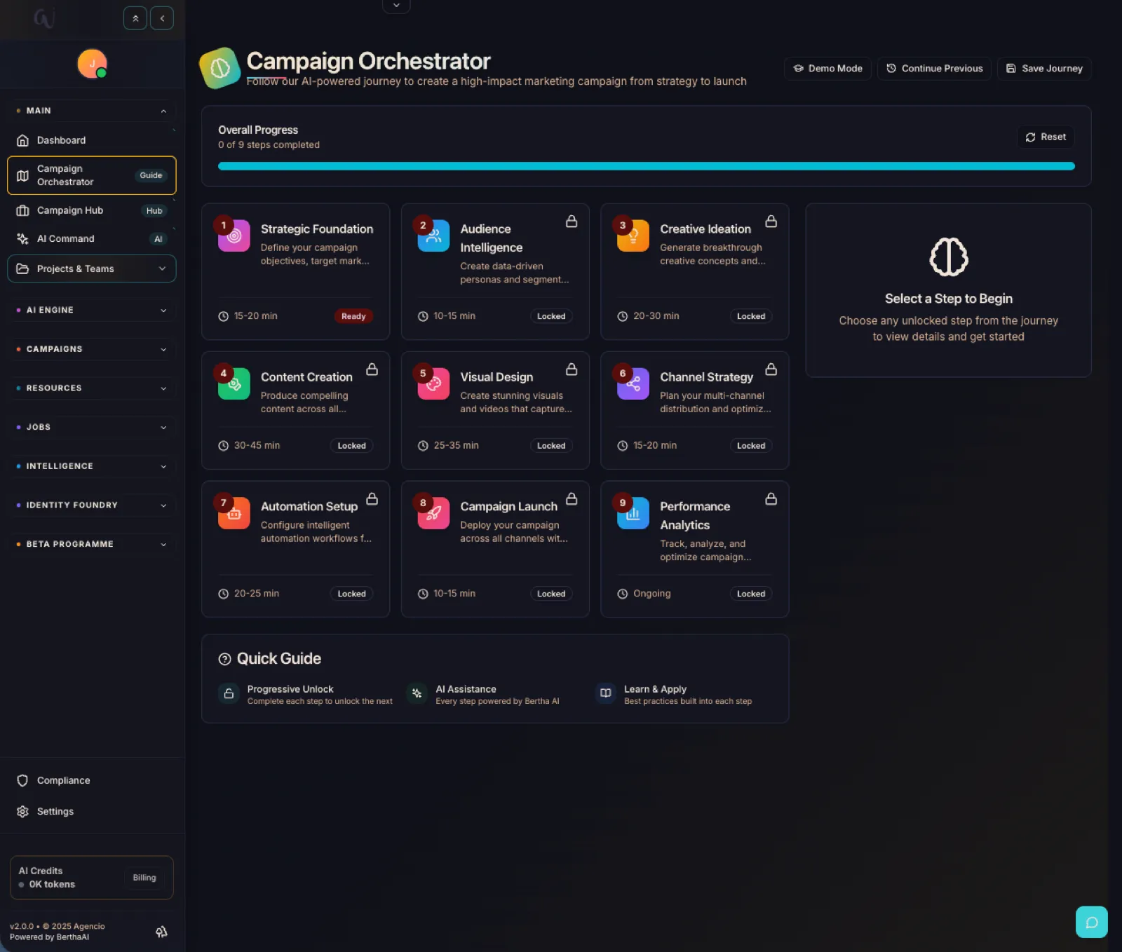 Bertha's Campaign Orchestrator — a nine-step journey from Strategic Foundation and Audience Intelligence through Creative Ideation, Content Creation and Channel Strategy to Campaign Launch and Performance Analytics; the whole marketing lifecycle, encoded and sequenced.