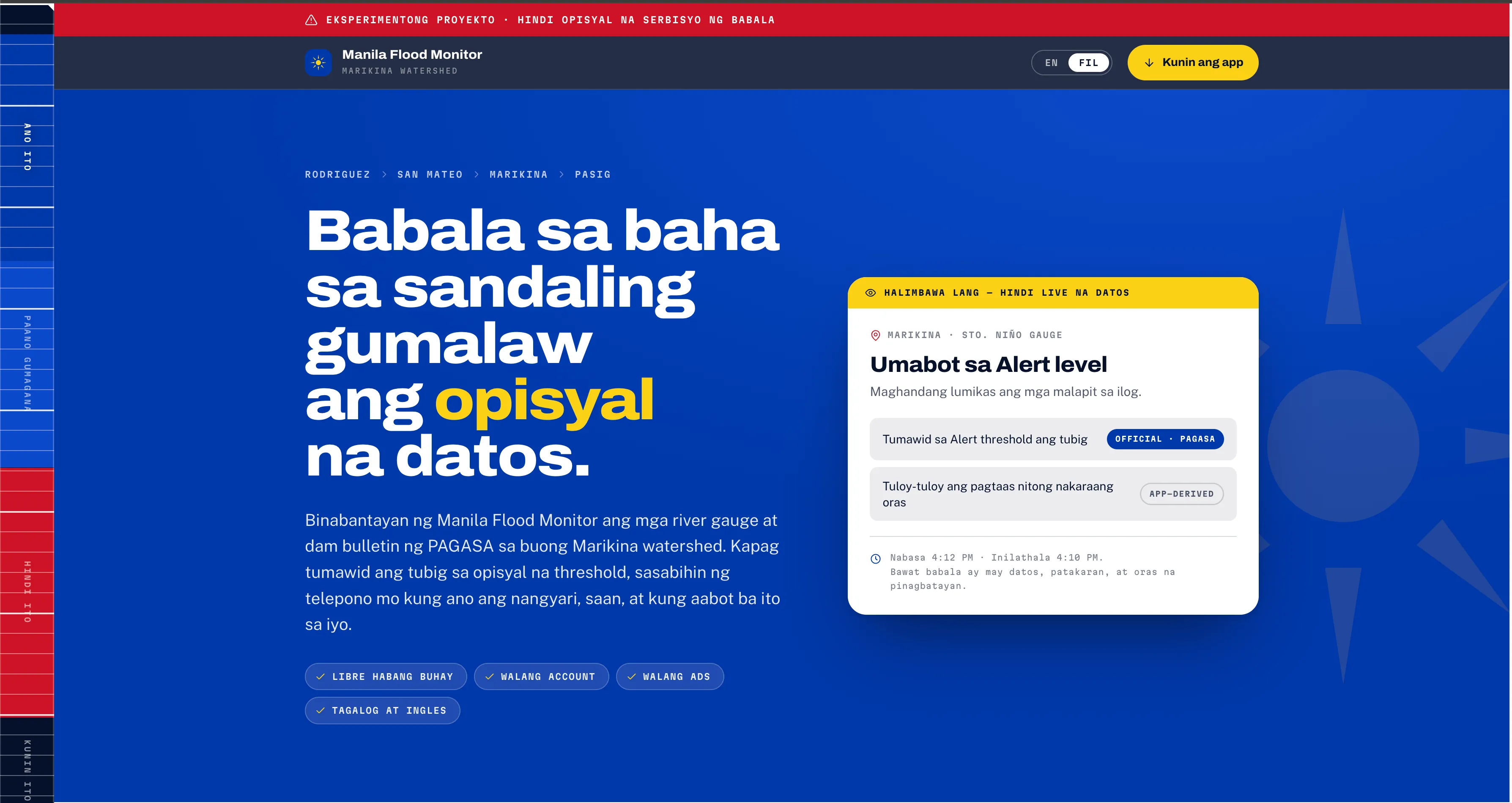 The same landing page in Tagalog — the headline reads "Babala sa baha sa sandaling gumalaw ang opisyal na datos", the top banner reads "Eksperimentong proyekto — hindi opisyal na serbisyo ng babala", and the example card reads "Umabot sa Alert level".