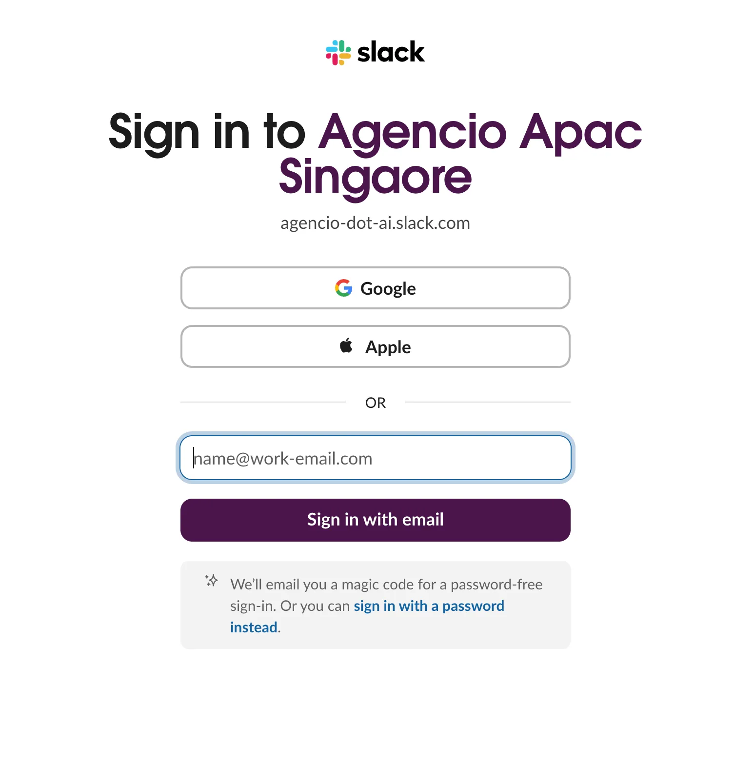 The Slack sign-in for the Agencio APAC workspace — the shared team space where developers and their CodeEasy nodes coordinate, discuss specs and approve agent work.