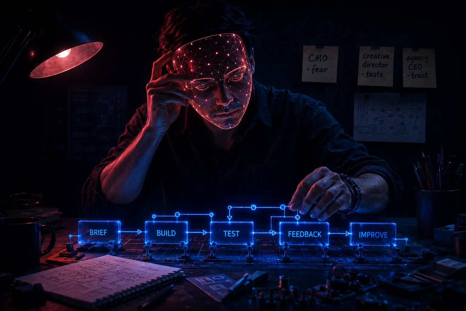 A builder at a workbench, wiring together a chain of blocks labelled brief, build, test, feedback, improve, while holding another person's face like a mask over his own — borrowing a mind to build against it.