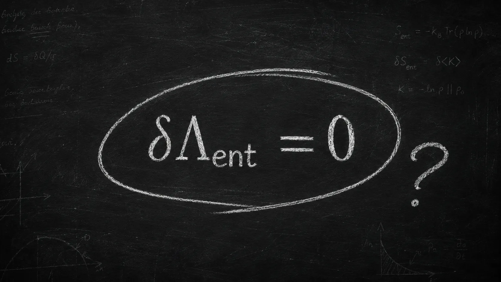 A chalkboard with the result circled in chalk — delta Lambda subscript ent equals zero — surrounded by the thermodynamic and modular-theory relations that produced it, and a question mark beside the ring.