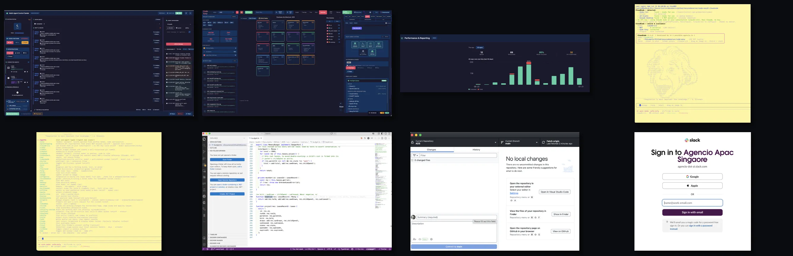 A montage of eight real product screens merged together — CodeEasy's Multi-Agent Control Center, its AOS codebase map and its performance dashboard, the CloudCode terminal and its command surface, VS Code on the Governor's source, GitHub Desktop, and the team's Slack — the toolkit of the future development lab at a glance.