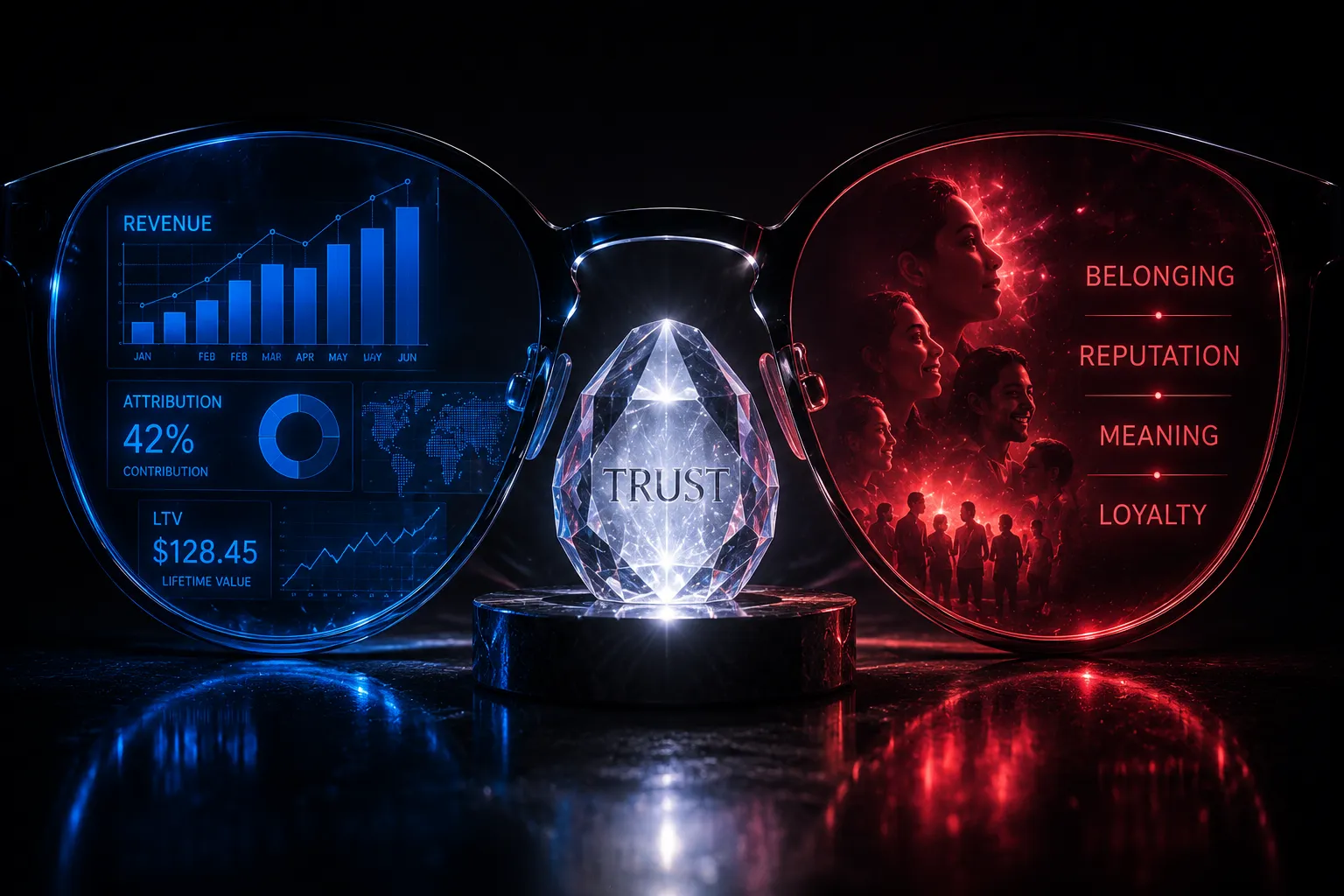 A single glowing gem labelled TRUST between two spectacle lenses — through the left lens it resolves into revenue charts and attribution numbers, through the right into faces, belonging and loyalty.