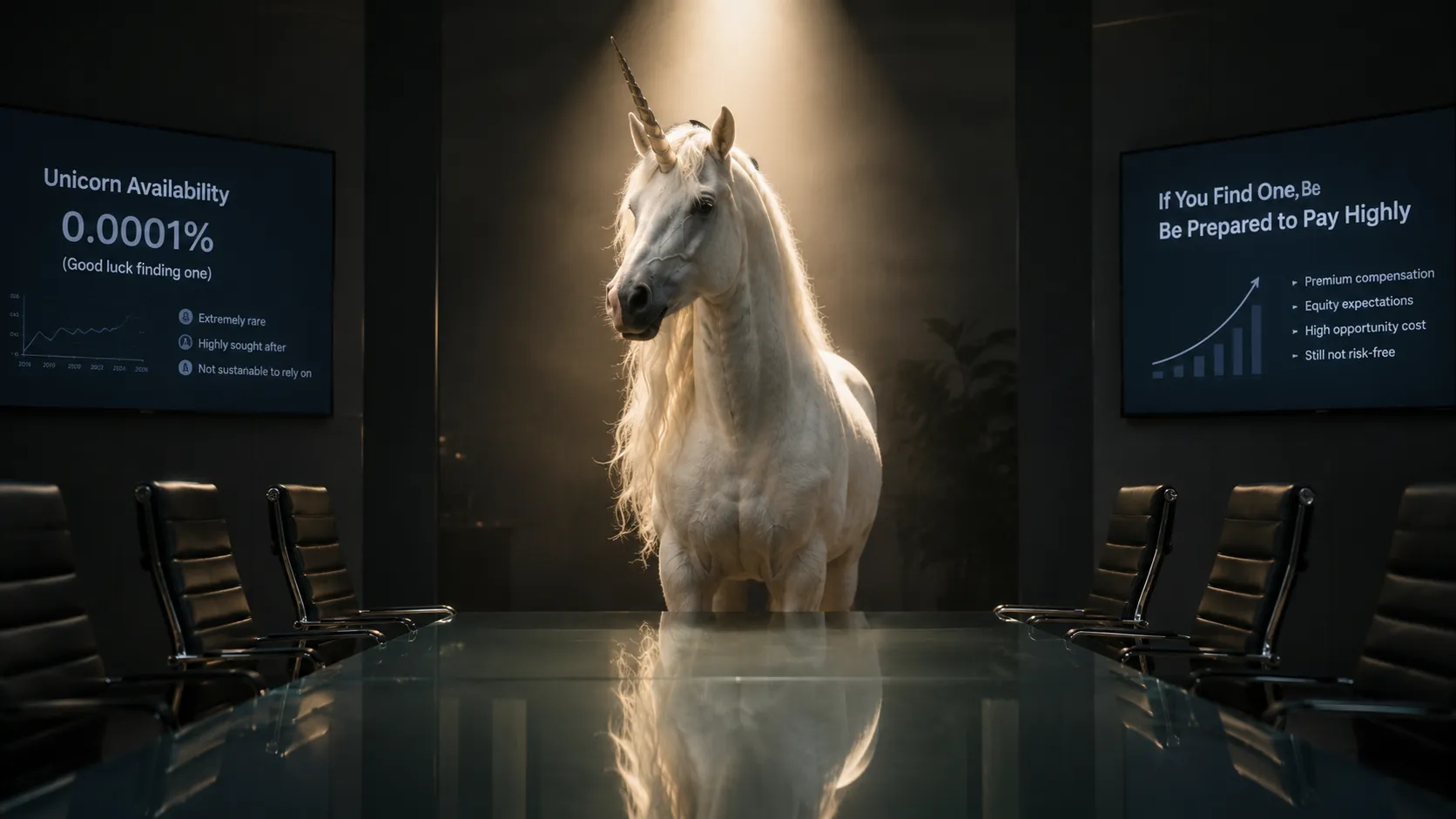 A lone unicorn standing in an empty boardroom — the dependency no company should be built around.