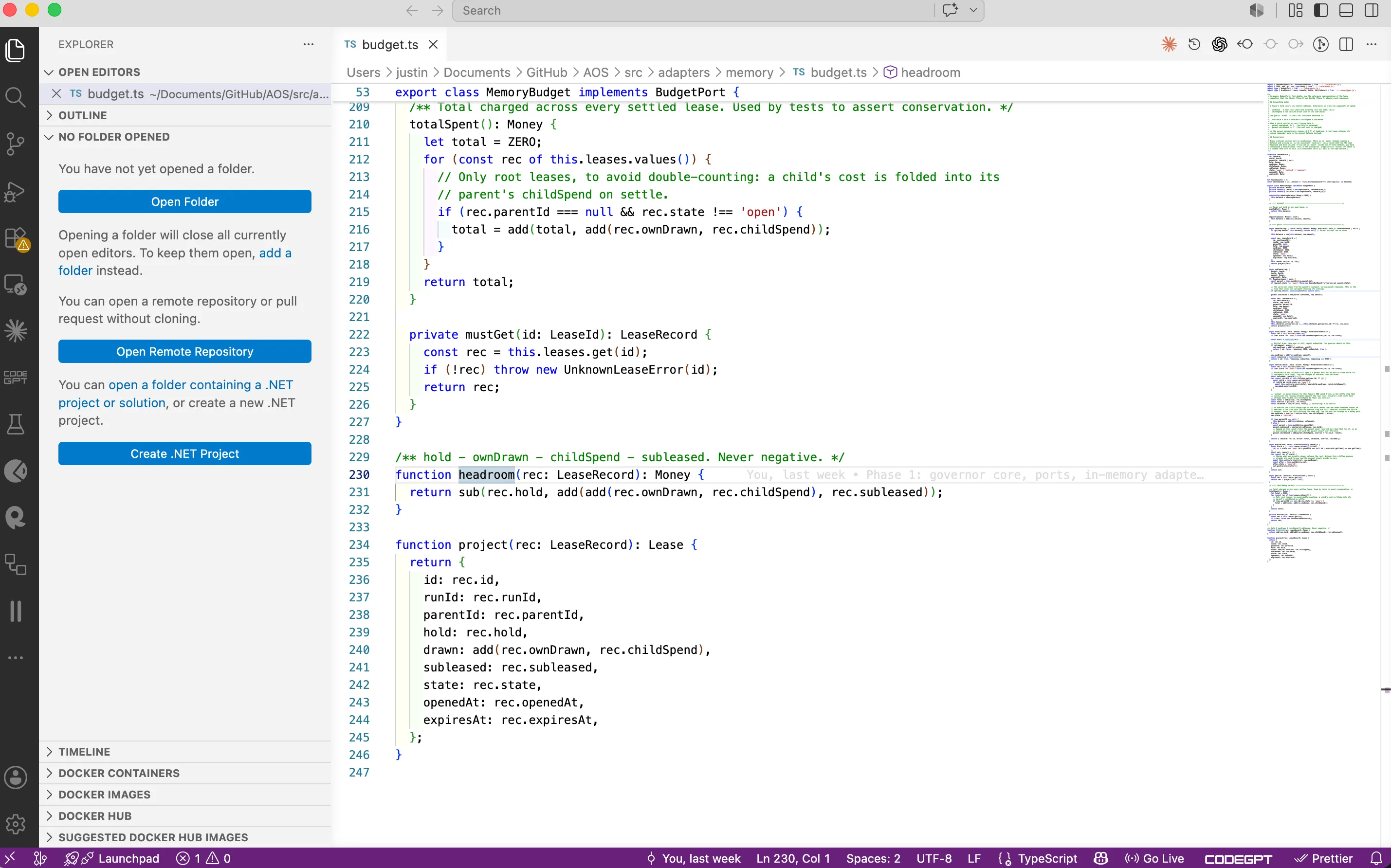 Visual Studio Code open on the Governor's TypeScript source — budget.ts, a MemoryBudget implementation with lease-accounting logic — the ordinary editor, now the window onto an agent-built codebase.