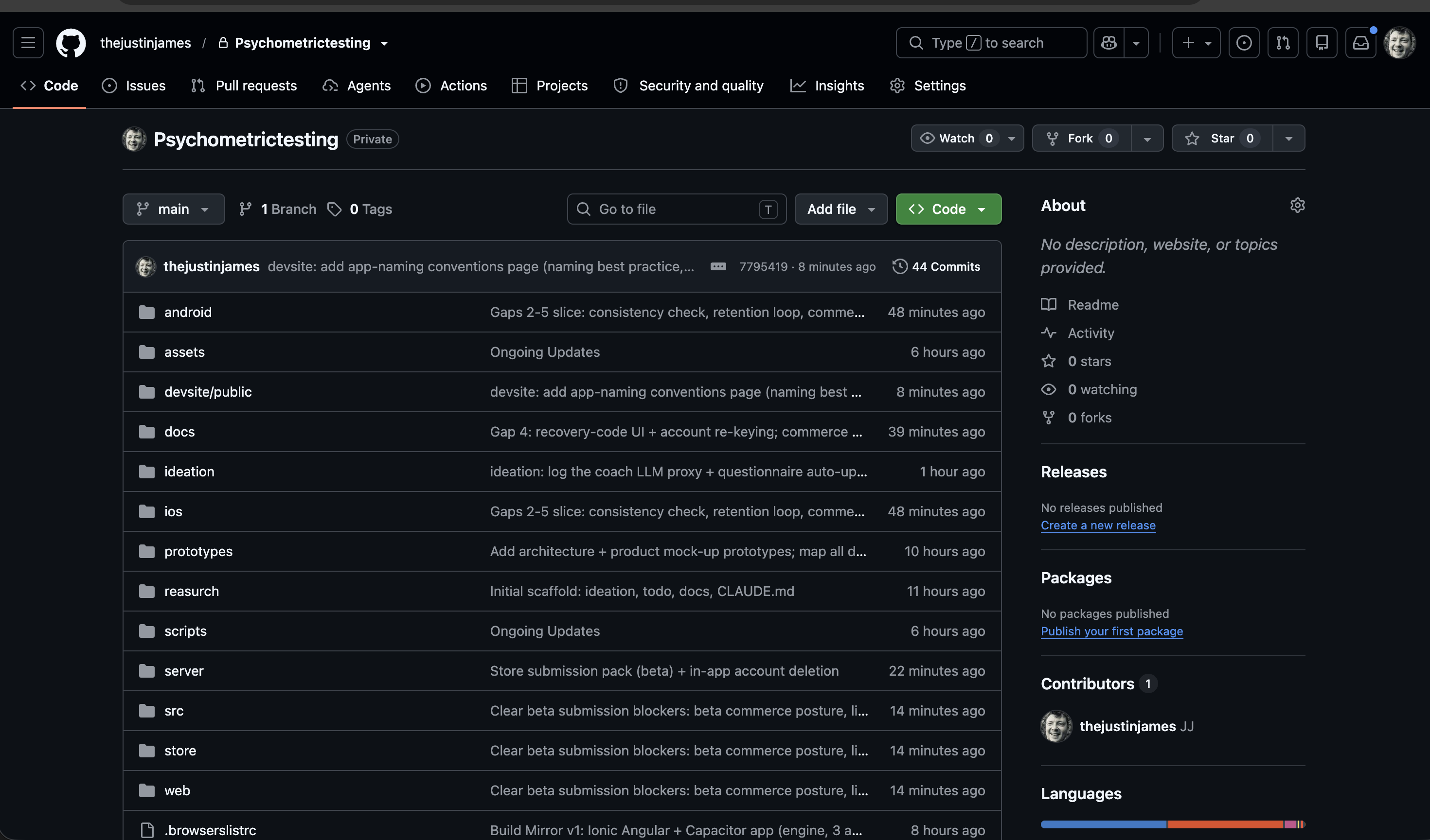 GitHub repository view — thejustinjames/Psychometrictesting (Private), branch main, 44 commits, 1 contributor; folders include android, assets, devsite/public, docs, ideation, ios, prototypes, reasurch, scripts, server, src, store, web.